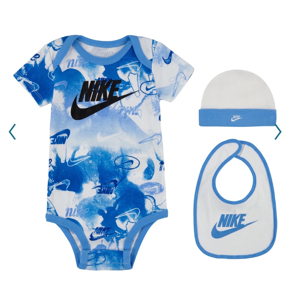 Nike baby bodysuit, bib and beanie set blue camo white 0-6 months newborn